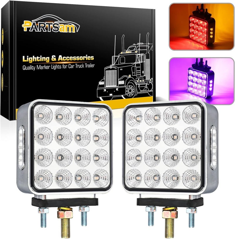 Partsam 2x Dual Revolution Amber/Red/Purple Square Double Face 38 Diode Marker/Turn Signal and Auxiliary Led Pedestal Light with Chrome Housing Sealed Replacement for Kenworth/Peterbilt/Freightliner - Image 1